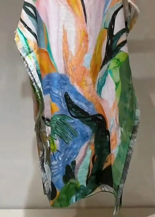 Stylish V Neck Tie Dye Oversized Cotton Long Dresses Batwing Sleeve
