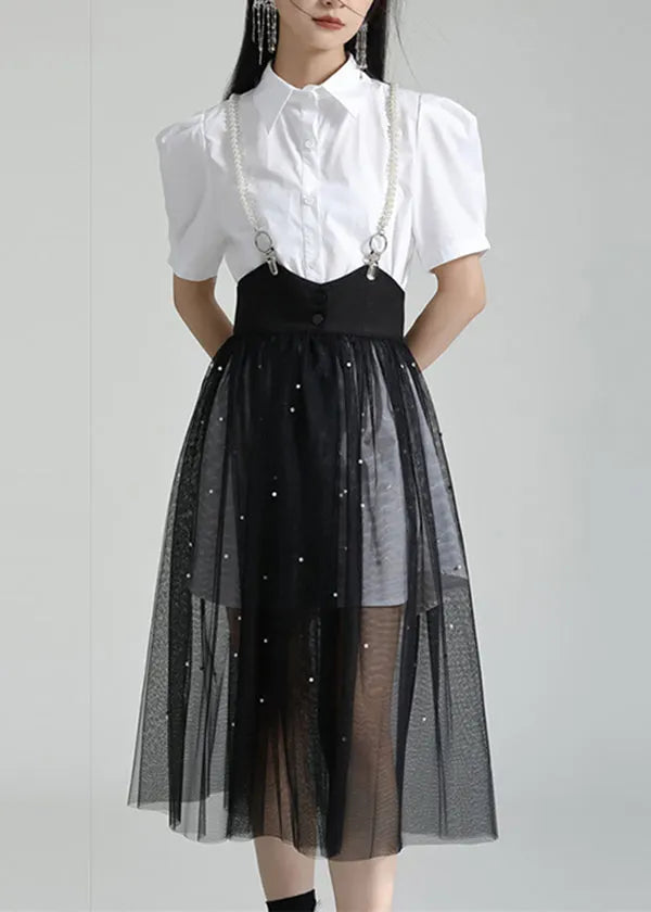 French White Peter Pan Collar Shirt Dresses and Tulle Skirt Two Pieces Set Summer