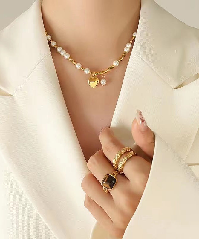 Gold Stainless Steel Pearl Patchwork Love Pendant Necklace