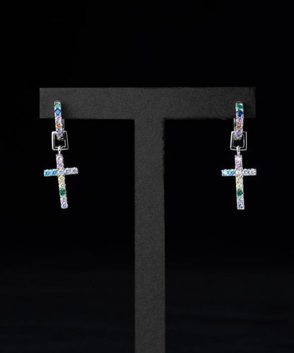 Rainbow Sterling Silver Zircon Cross Hoop Earrings