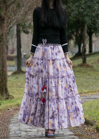 Purple Wrinkled Print Patchwork Cotton Skirts Summer