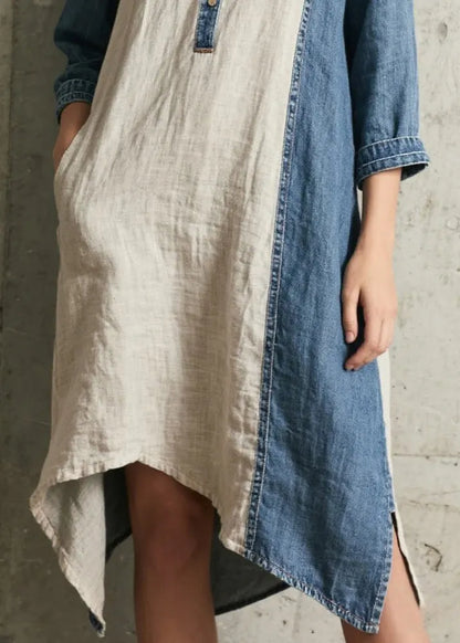 Handmade Denim Blue Oversized Patchwork Cotton Dresses Bracelet Sleeve