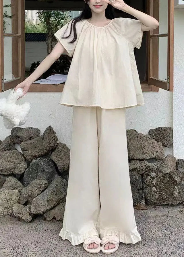 Apricot O Neck Cotton Two Pieces Set Pajamas Summer