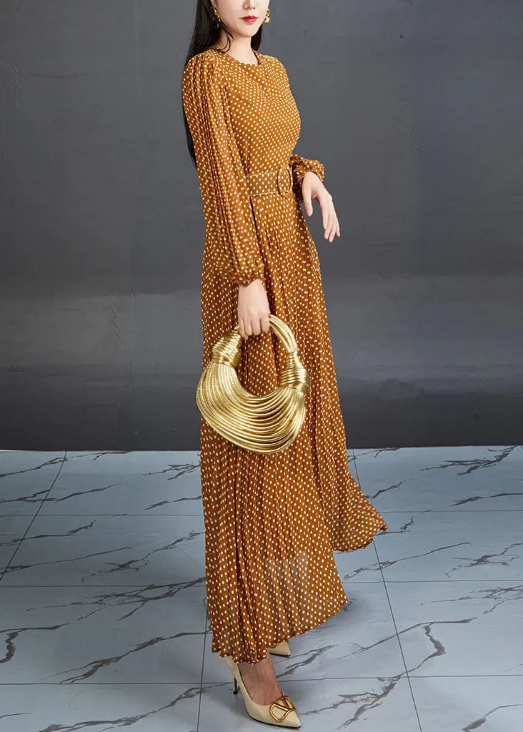 Orange Dot High Waist Chiffon Long Dress Fall