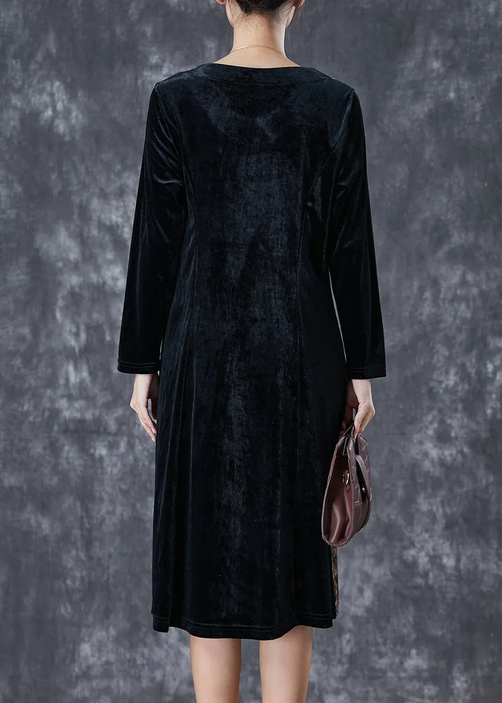 Black Exra Large Hem Patchwork Silk Velour Vacation Dresses Fall