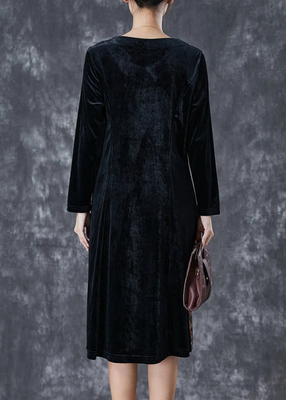 Black Exra Large Hem Patchwork Silk Velour Vacation Dresses Fall