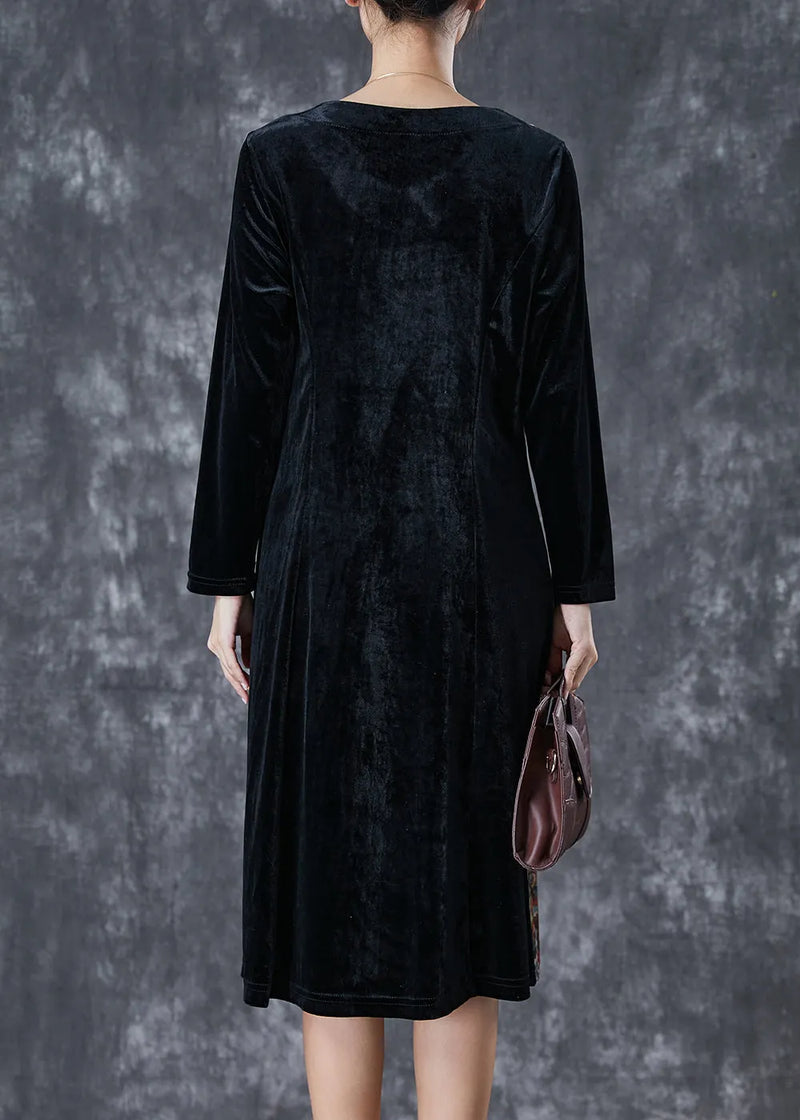 Black Exra Large Hem Patchwork Silk Velour Vacation Dresses Fall