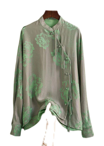 Yellow Text Mandarin Collar Button Print Silk Shirt Top Spring