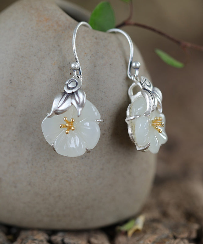 Retro Silk Sterling Silver Inlaid Jade Drop Earrings