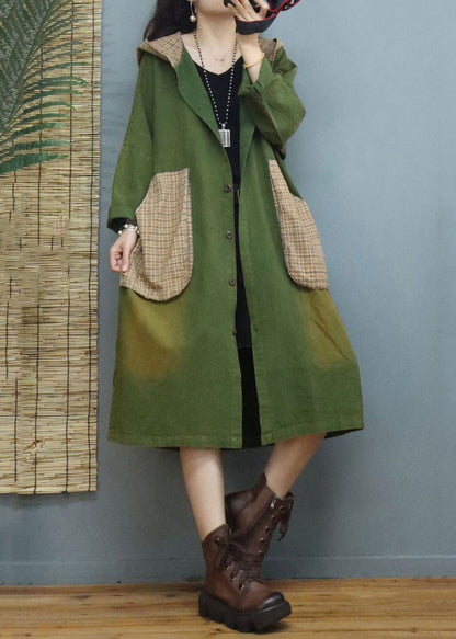 Green Plaid Pockets Patchwork Cotton Coats Fall