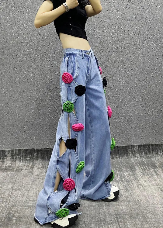 Blue Hollow Out Patchwork Denim Pants Fall