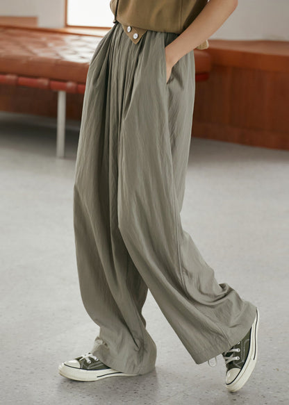 Grey Elastic Waist Pockets Wide Leg Pants Summer