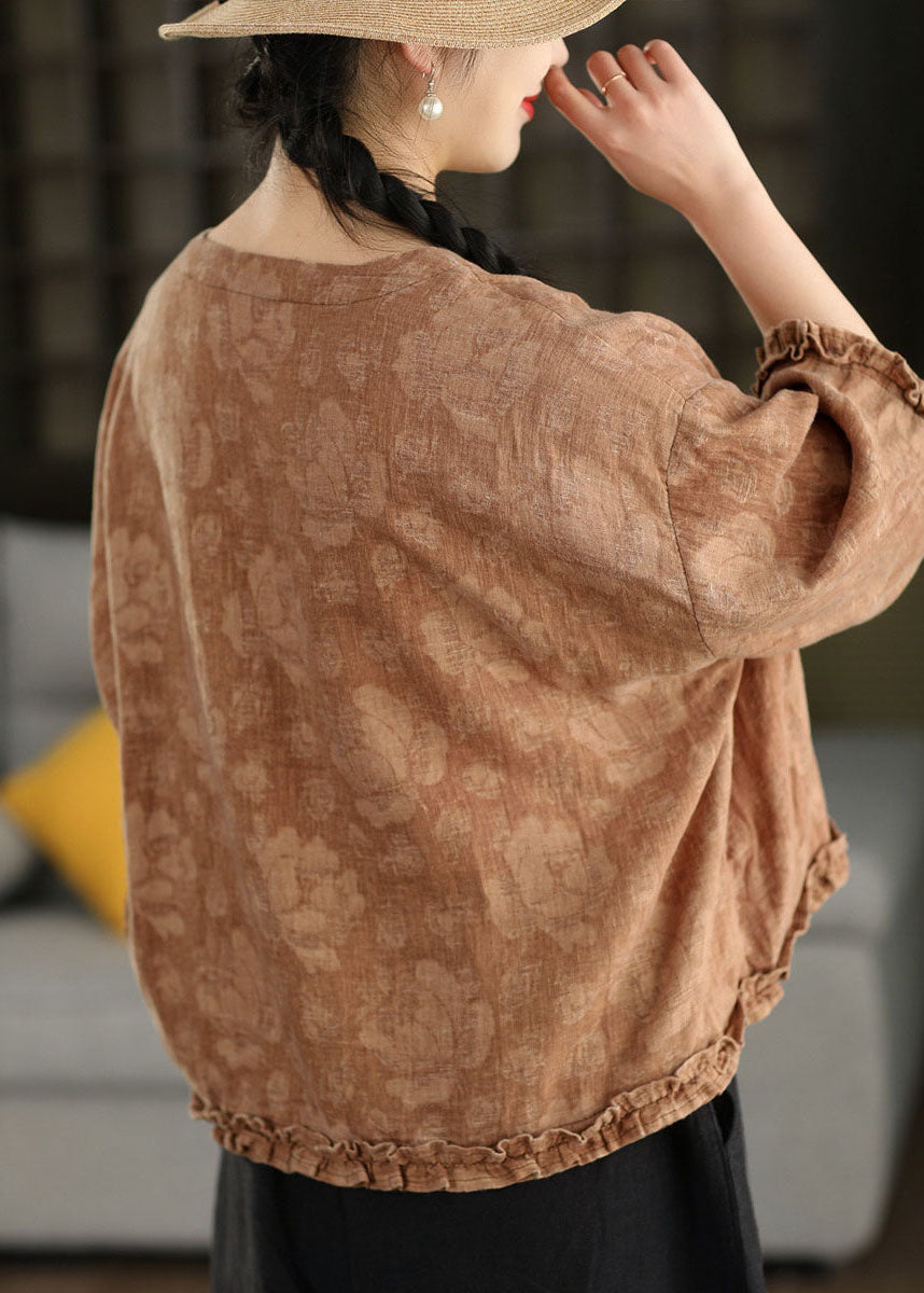 Green Ruffled Jacquard Linen Blouses Bracelet Sleeve