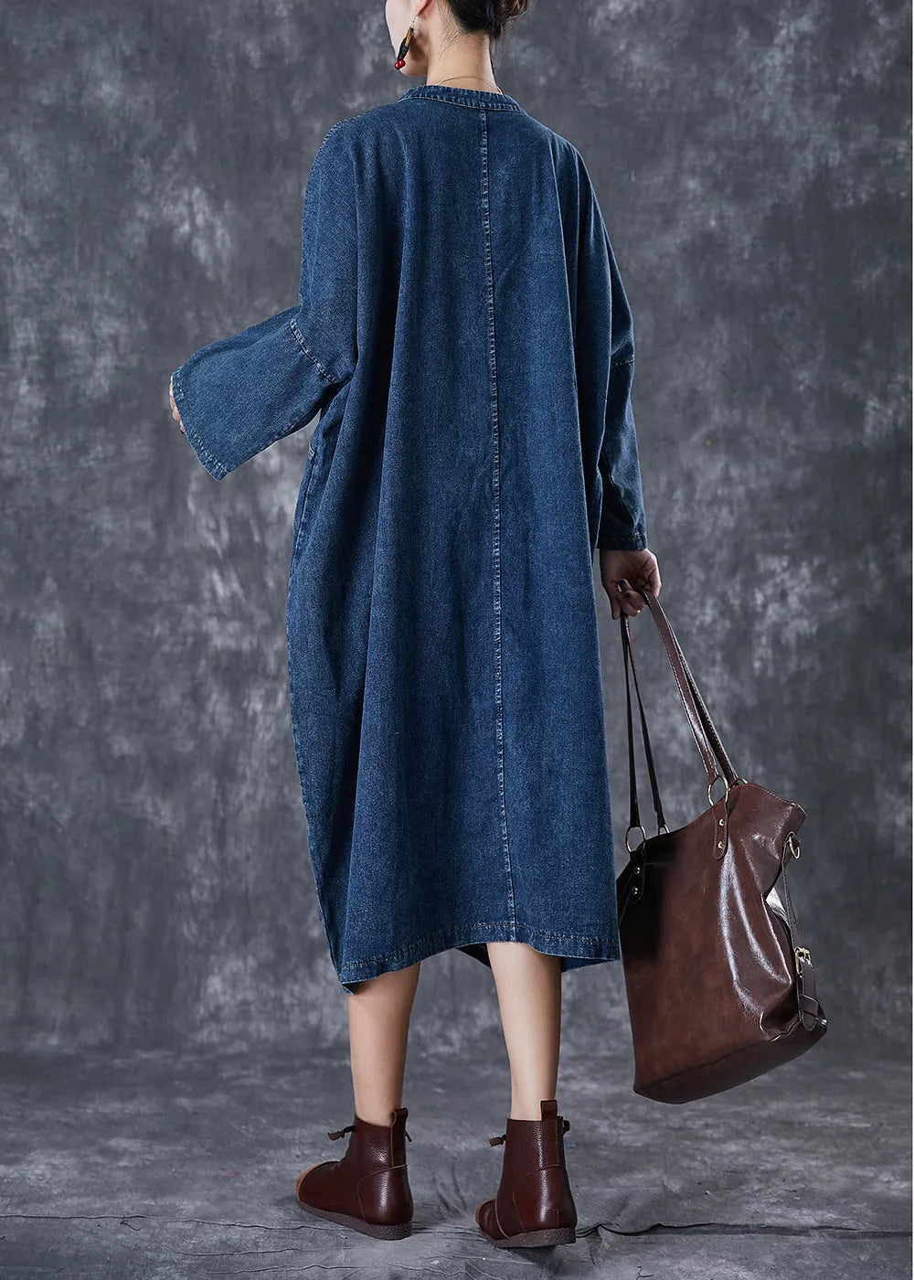 Navy Oversized Chinese Button Denim Maxi Dress Fall