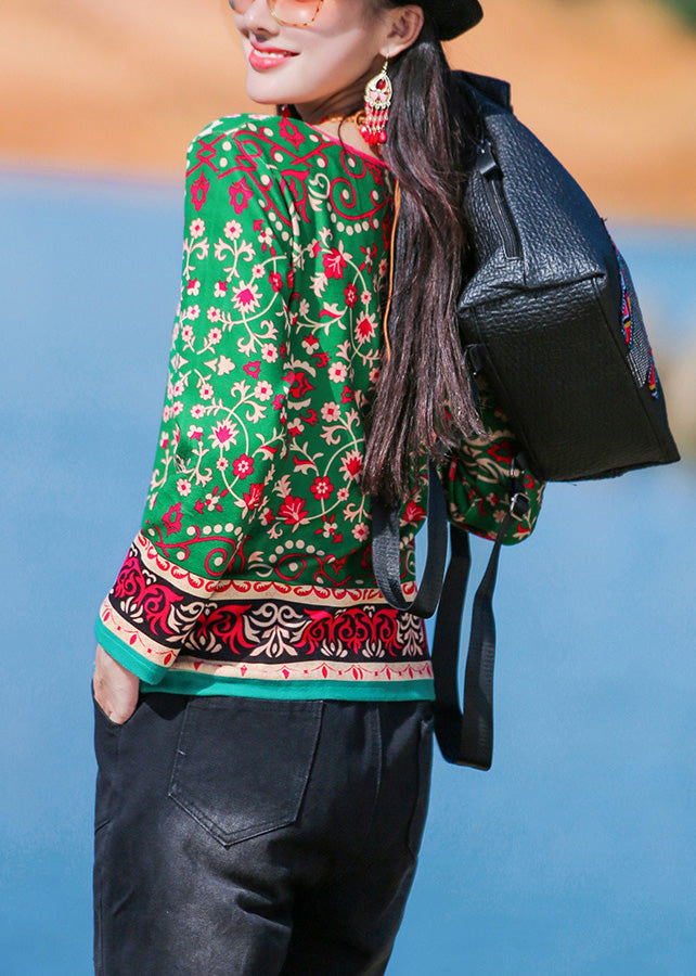 Diy Green O-neck Print Top Long Sleeve