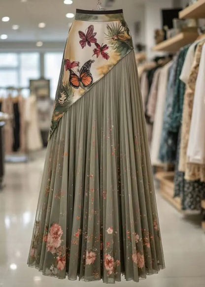 Stylish Green Asymmetrical Print Tulle Patchwork Pleated Skirt Summer