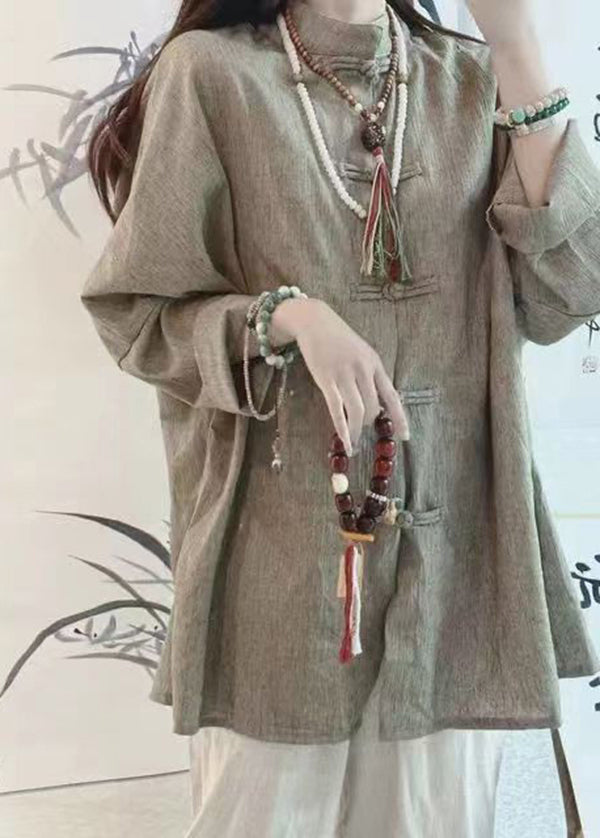 Loose O Neck Chinese Button Linen Shirt Tops Spring
