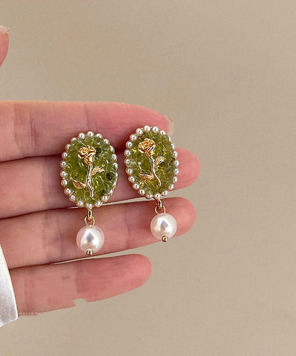 Green Sterling Silver Rose Pearl Drop Earrings