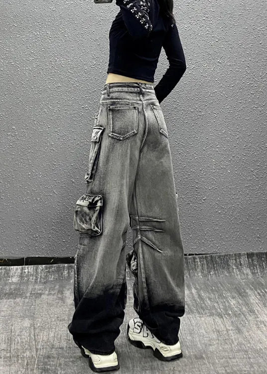 Gray Black Multi Pocket Denim Pants Autumn