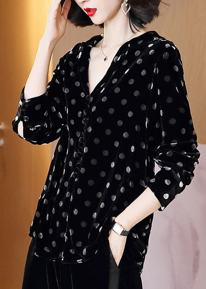 Diy Black V Neck Dot Print Button Velour Shirts Long Sleeve