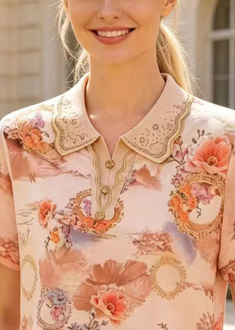 Apricot Peter Pan Collar Print Cotton Shirts Summer
