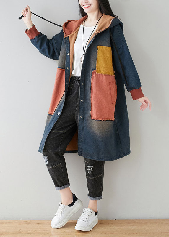 Blue Pockets Patchwork Hooded Coats Spring