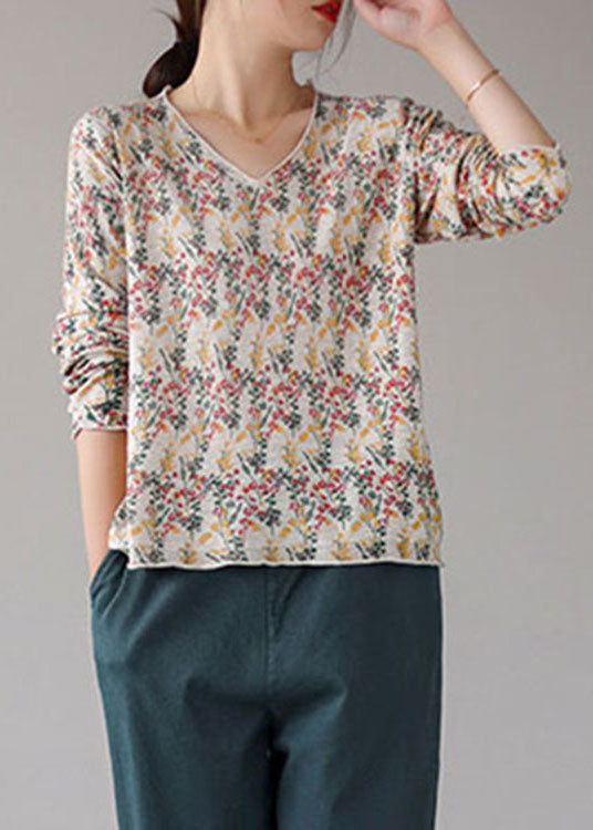 Fitted Beige V Neck Print Fall Blouse Top
