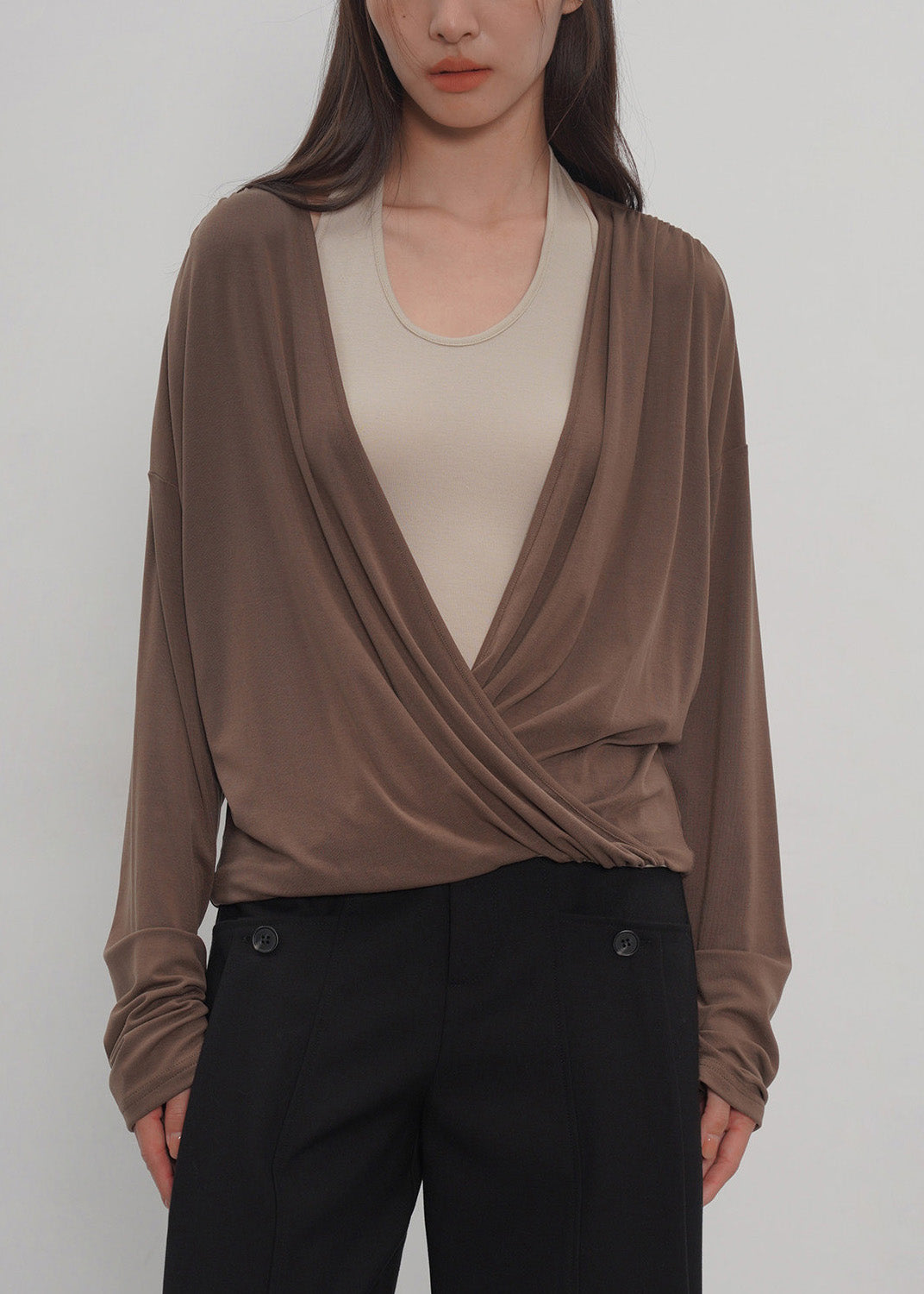 New Grey Fake Two-piece Spliced Neck Hanging Long Sleeved T-shirt Top