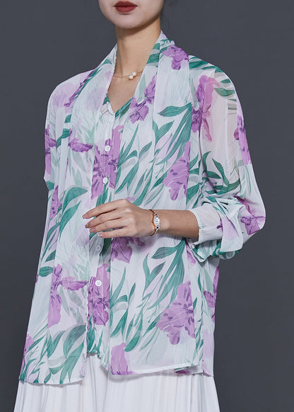 White Tulip Print Chiffon Fake Two Piece Shirt Spring