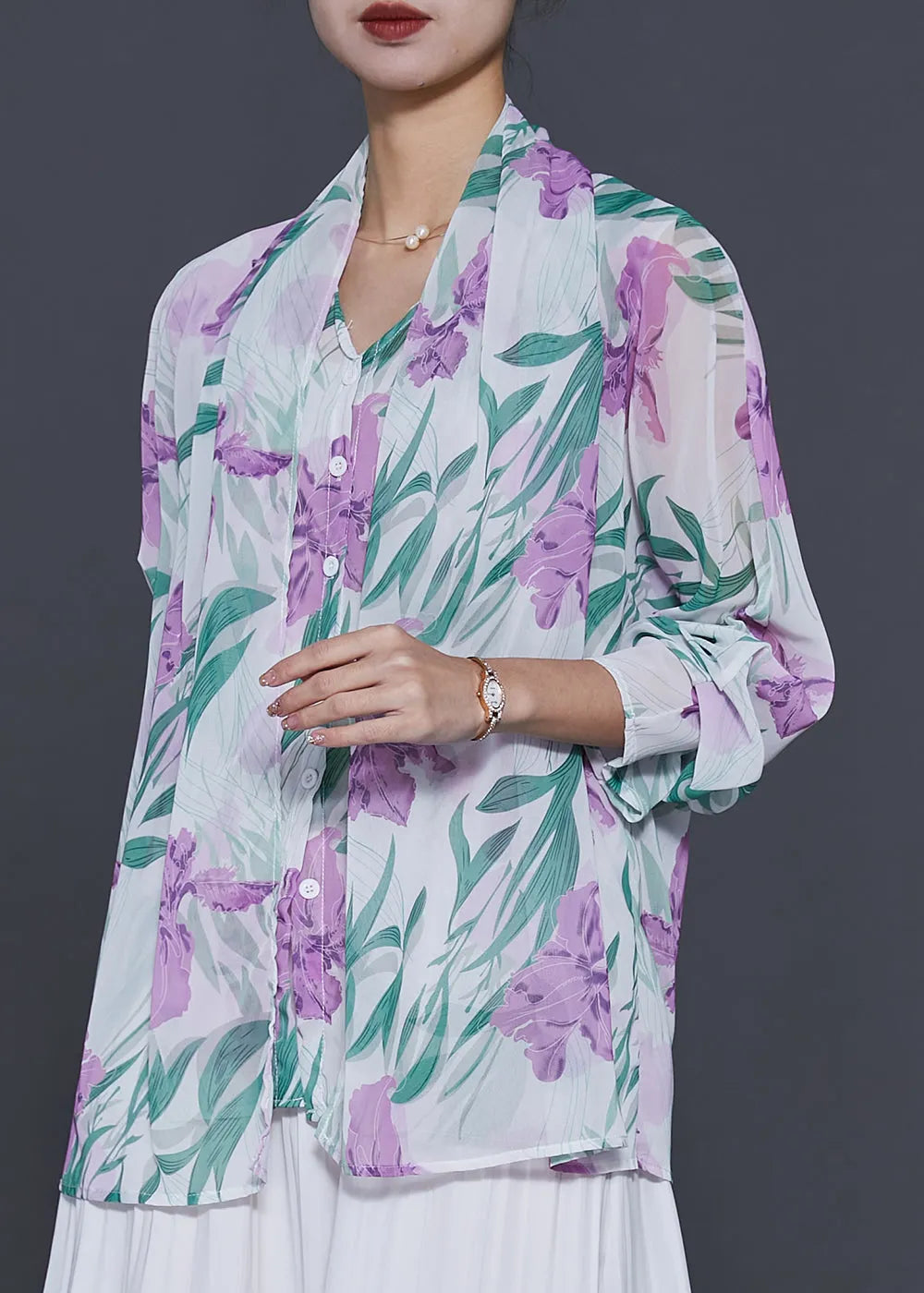 White Tulip Print Chiffon Fake Two Piece Shirt Spring
