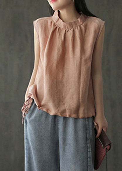 Brief White Stand Collar Linen Top Sleeveless