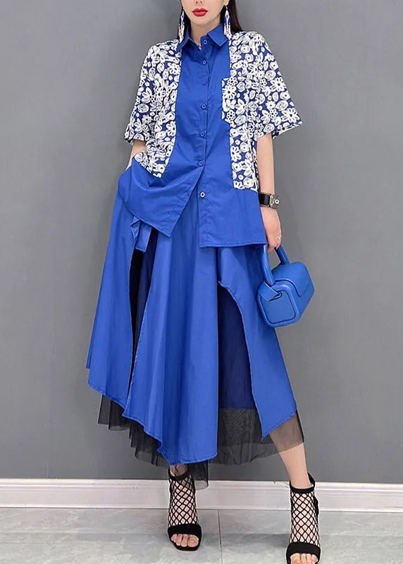Blue Peter Pan Collar Asymmetrical Design Tulle Patchwork Shirt and Skirt Two Pieces Sets Summer