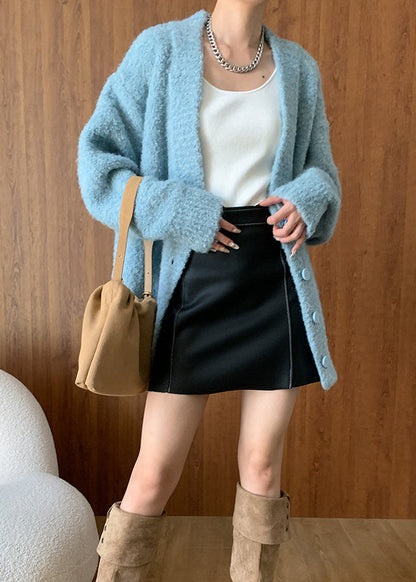 Blue V Neck Button Woolen Cardigans Fall