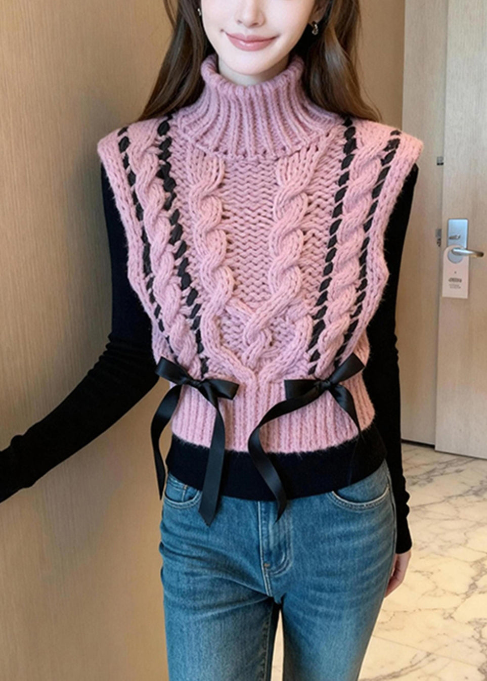 Pink Turtle Neck Bow Warm Knit Vest Winter