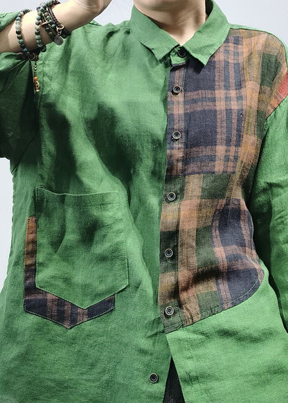 Green Button Peter Pan Collar Plaid Patchwork Linen Blouse Top Long Sleeve