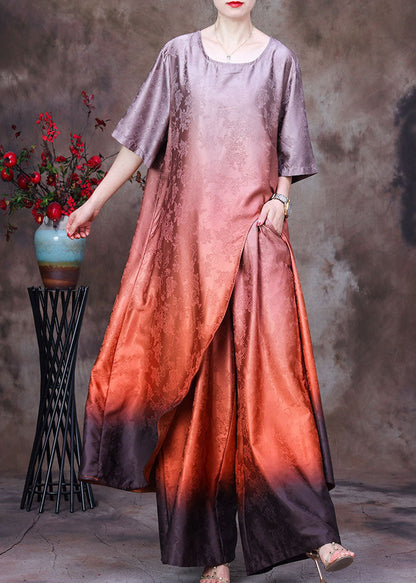 Orange Gradient Color Asymmetrical Design Jacquard Silk Two Piece Set Summer