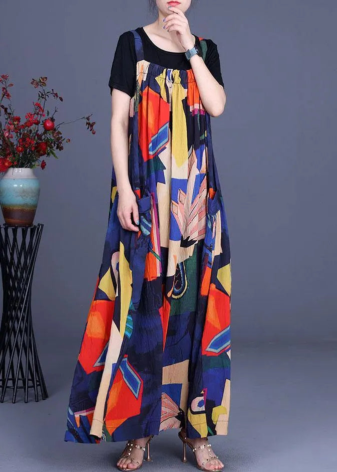 Summer Printed Dress Rayon Irregular Suspender Skirt + Black T-shirt Two Piece Set