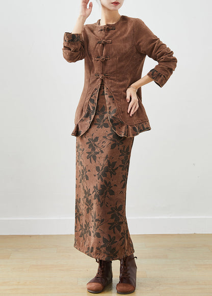 Coffee Print Patchwork Ruffles Cotton Two Pieces Set Winter