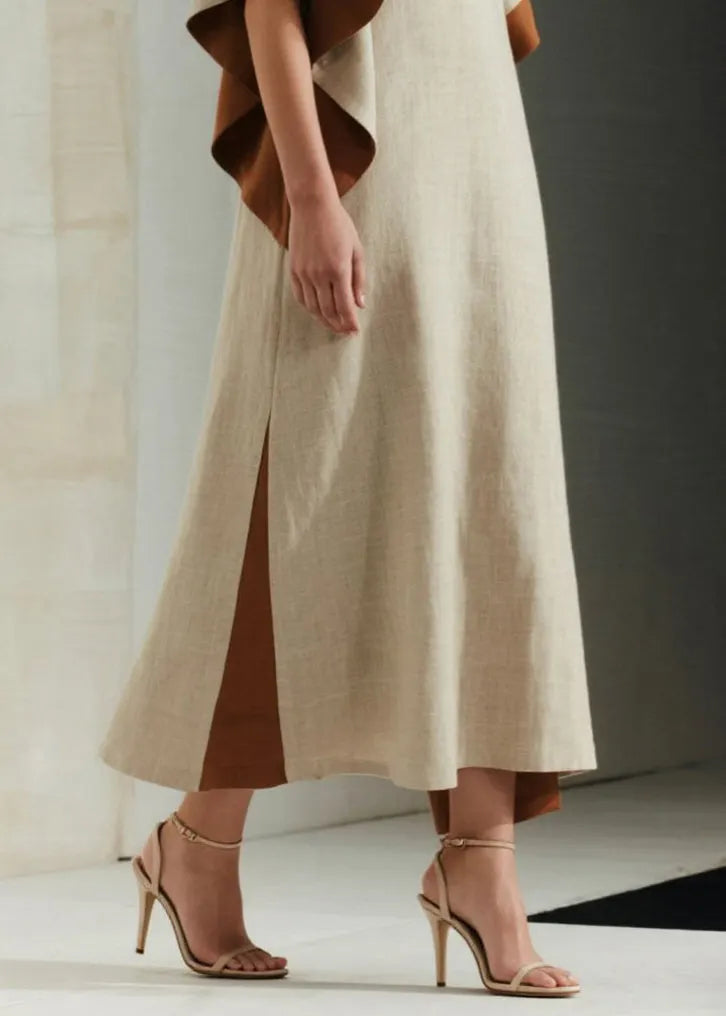 French Apricot Oversized Patchwork Cotton Long Dress Butterfly Sleeve