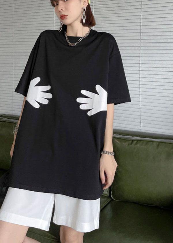 Black O Neck Hug Pattern Cotton Tee