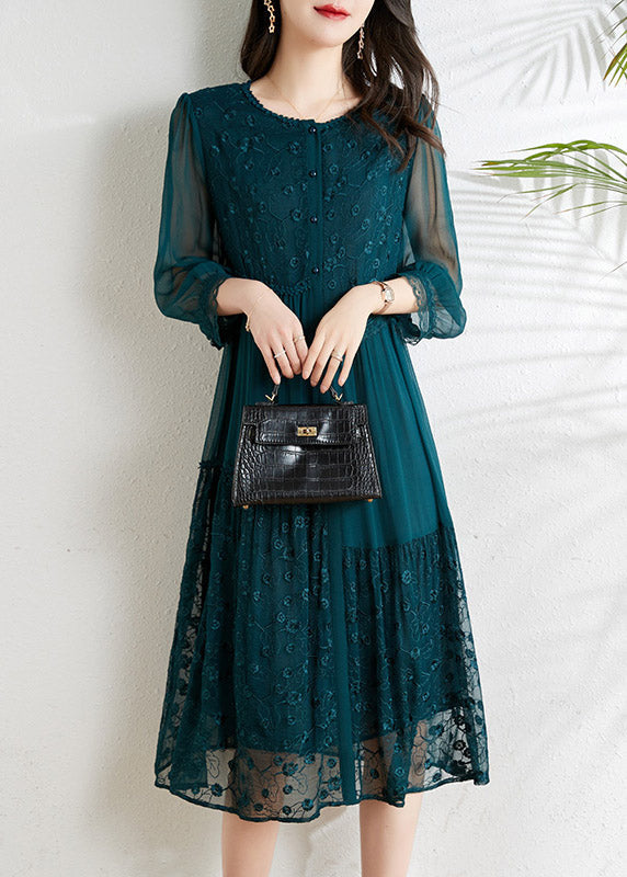 French Light Blue O-neck Asymmetrical Tulle Patchwork Chiffon Vacation Dresses Three Quarter Sleeve