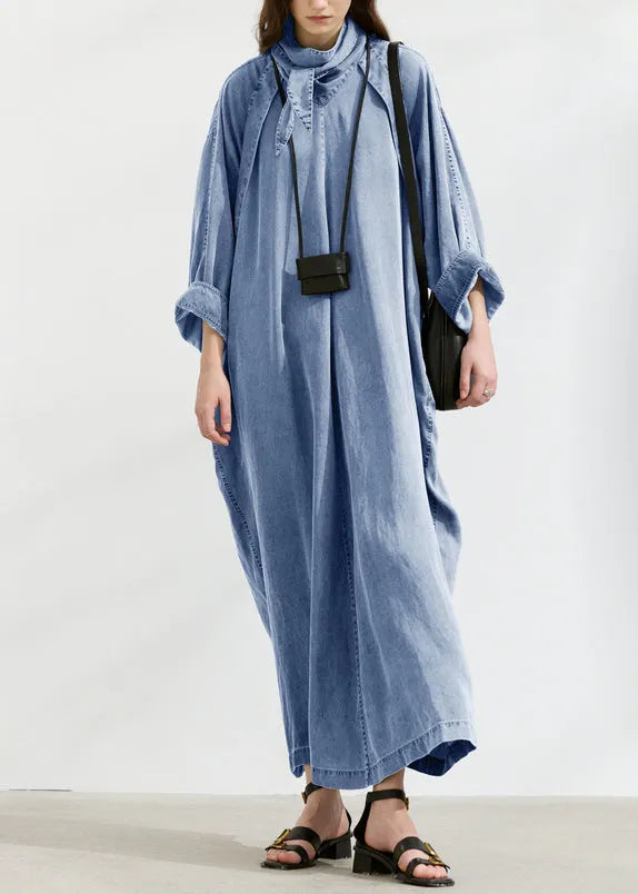Grey Turtle Neck Pockets Lace Up Denim Long Dresses Fall