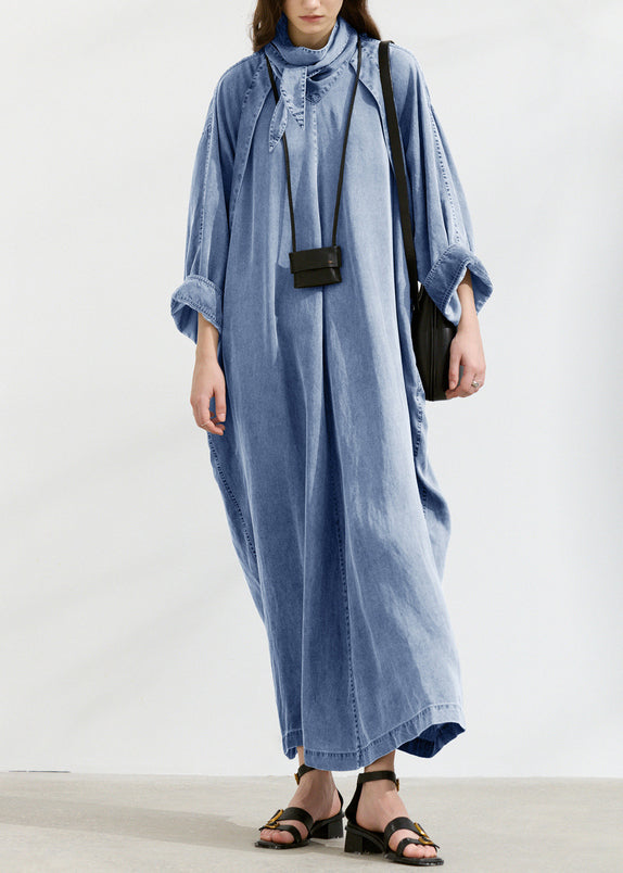 Grey Turtle Neck Pockets Lace Up Denim Long Dresses Fall