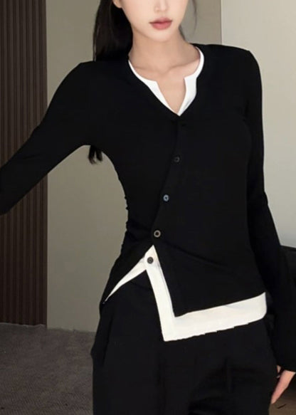 Black O-neck Asymmetrical Top Fake Two Pieces Fall