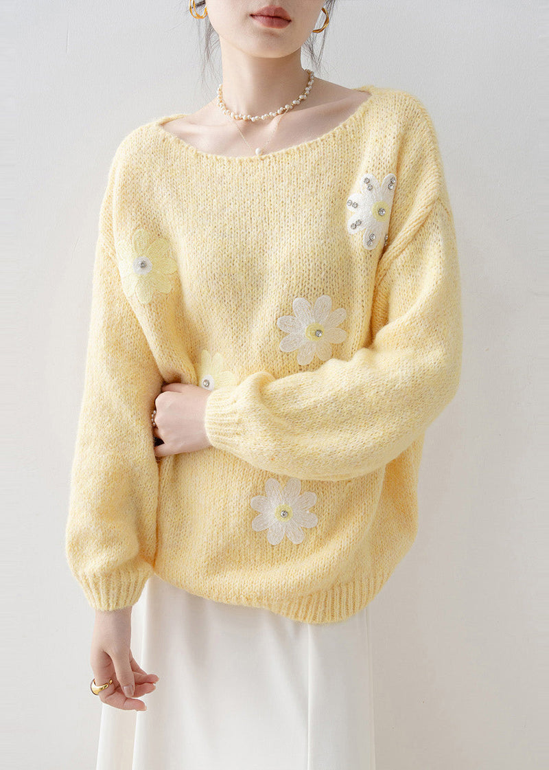 Fine Yellow Oversized Rhinestone Knit Sweaters Winter