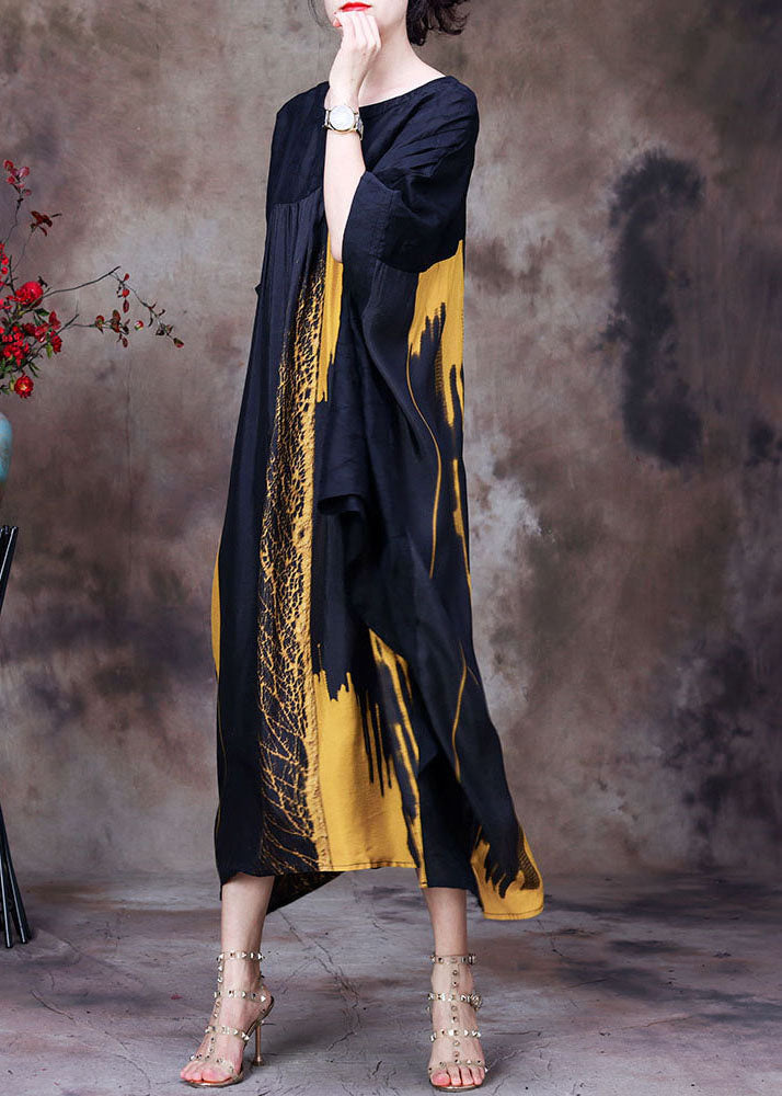 Yellow Print Chiffon Loose Beach Dresses O-neck Wrinkled Batwing Sleeve