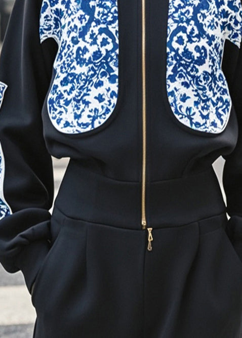Stylish Black Stand Collar Print Cotton Sweatshirt Jacket Spring