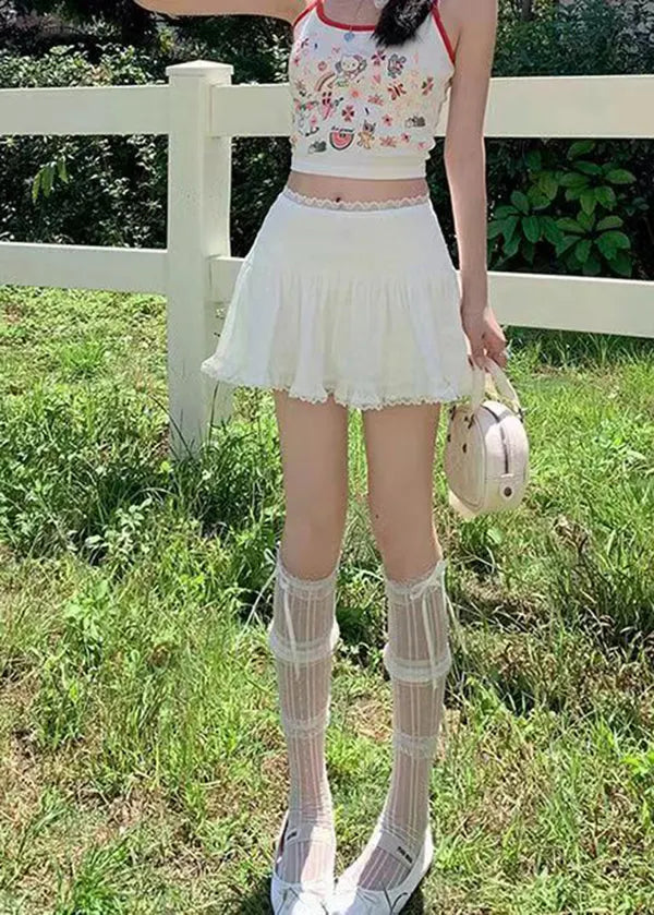 White Lace Pleated Short Skirt New for Summer