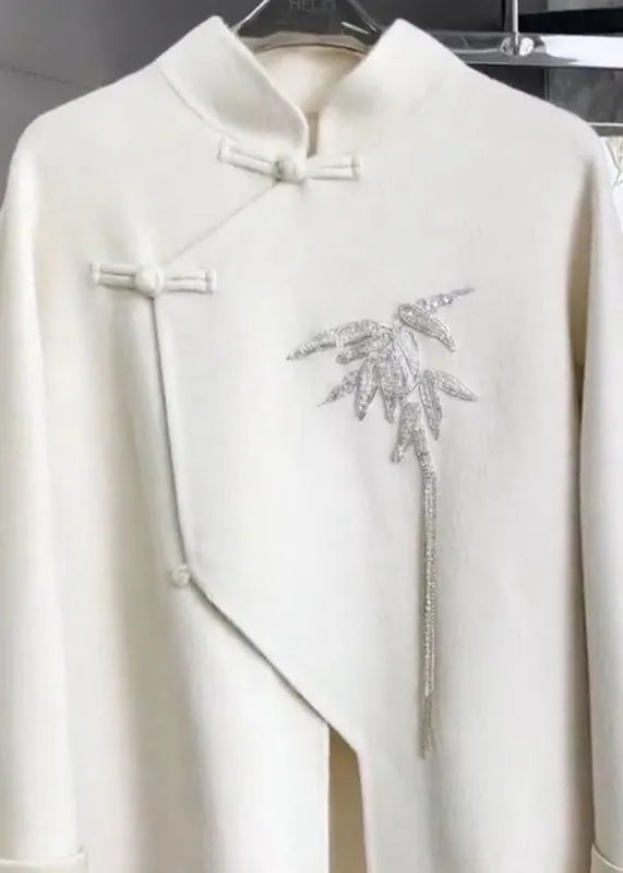 Chinese Style White Stand Collar Embroideried Shirts and Maxi Skirts Two Pieces Set Fall