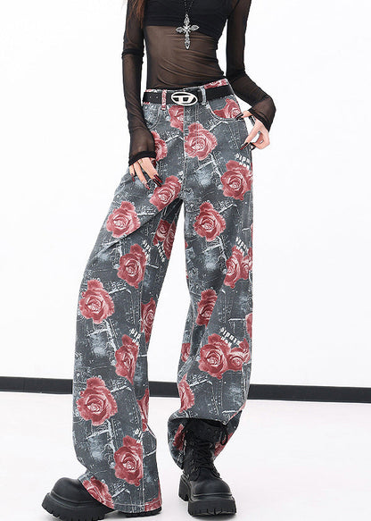 Red Pockets Print Denim Wide Leg Pants Fall